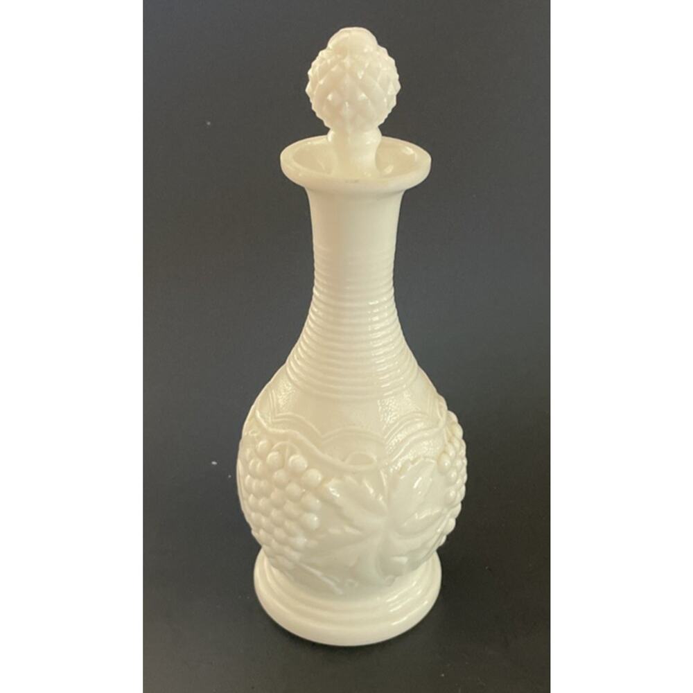Vintage Imperial Glass White Milk Glass Cruet With Stopper Grape Vine Pattern